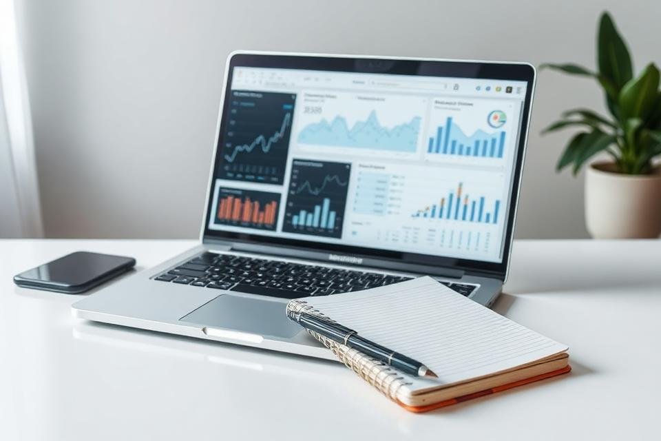 Laptop showing a simple dashboard next to a notebook