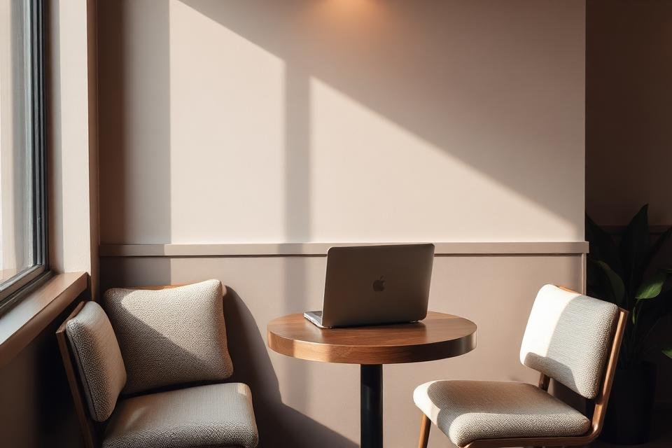 Laptop on a café table by a window